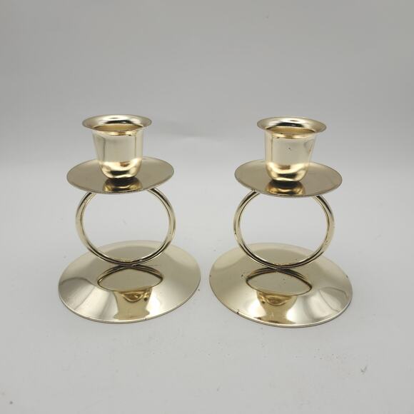 Unbranded Other - Gold Tone Metal Ring Taper Candle Holders Pair Modern Minimalist Round Base